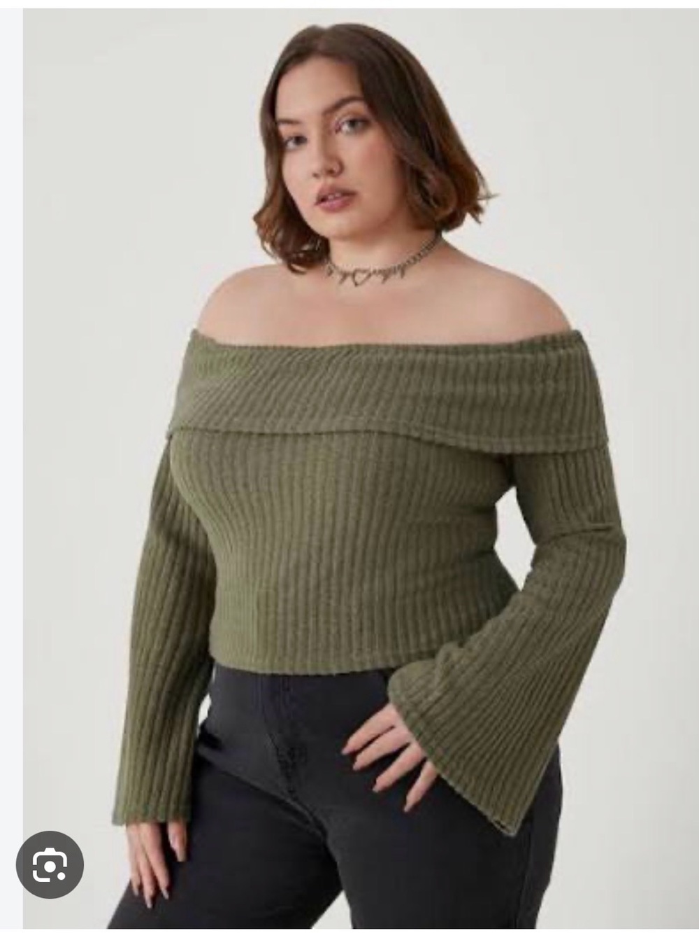 Cider Olive Ribbed Off-the-Shoulder Sweater